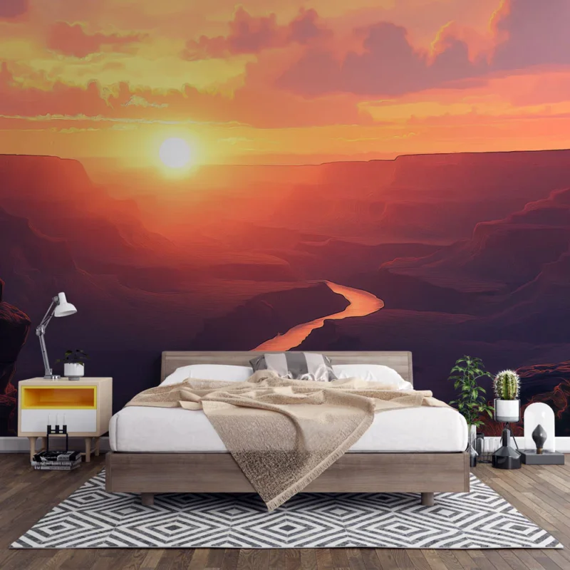 Authentique Papier peint coucher de soleil Rivière serpentant à travers les canyons au crépuscule