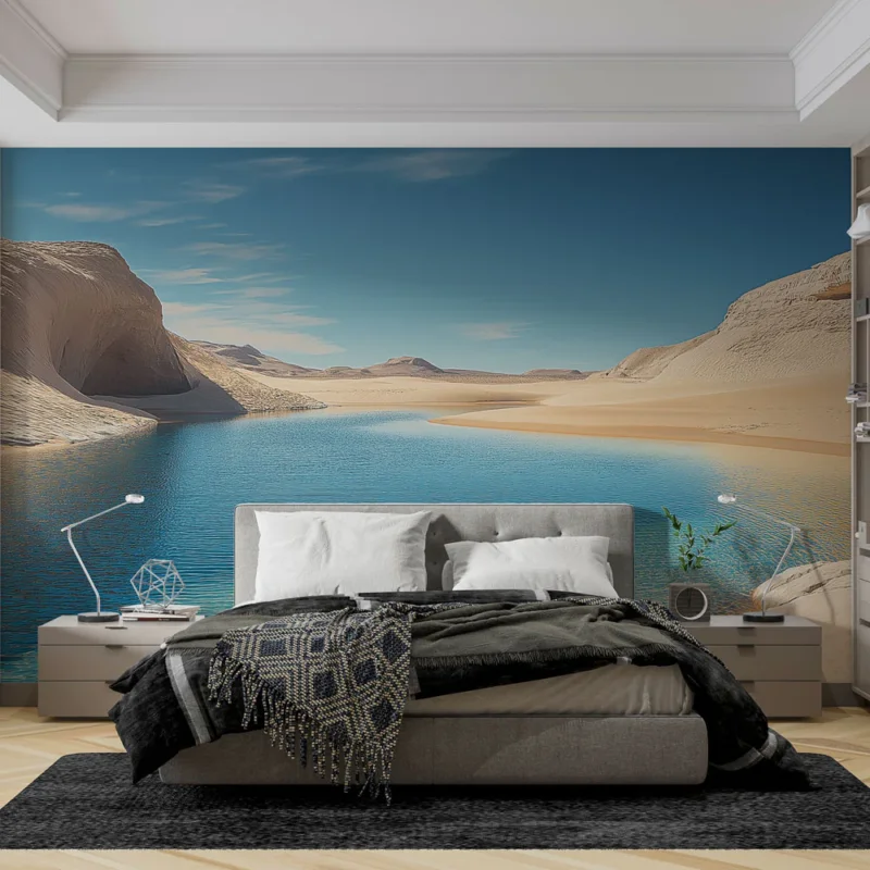 Commander Maintenant Papier peint paysage désertique Vue d‘un oasis au cœur de dunes dorées