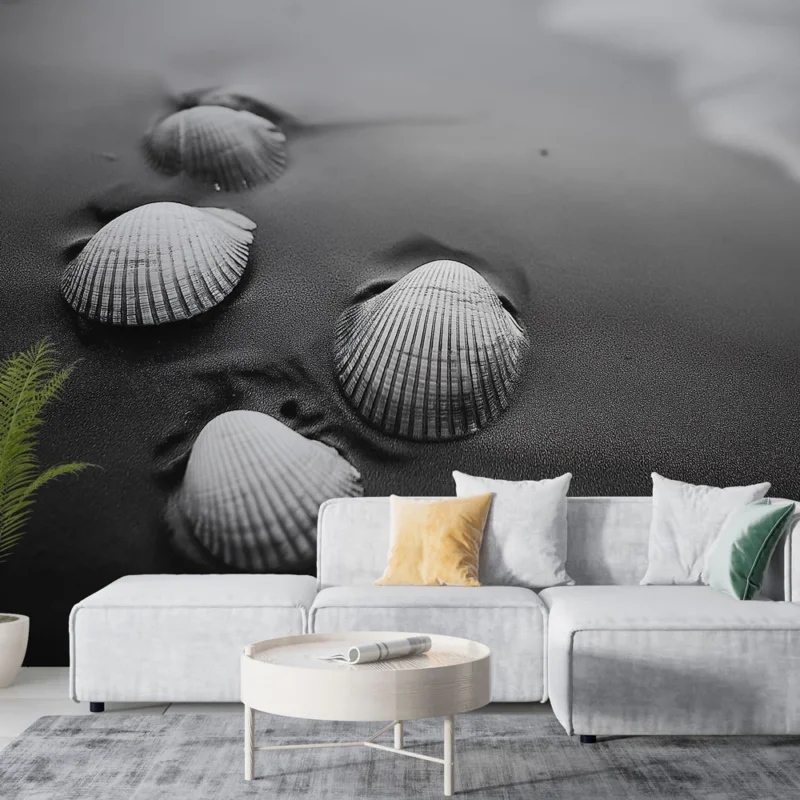 Papier peint coquillages Coquillages blancs délicatement posés sur un sable noir Prix Promo