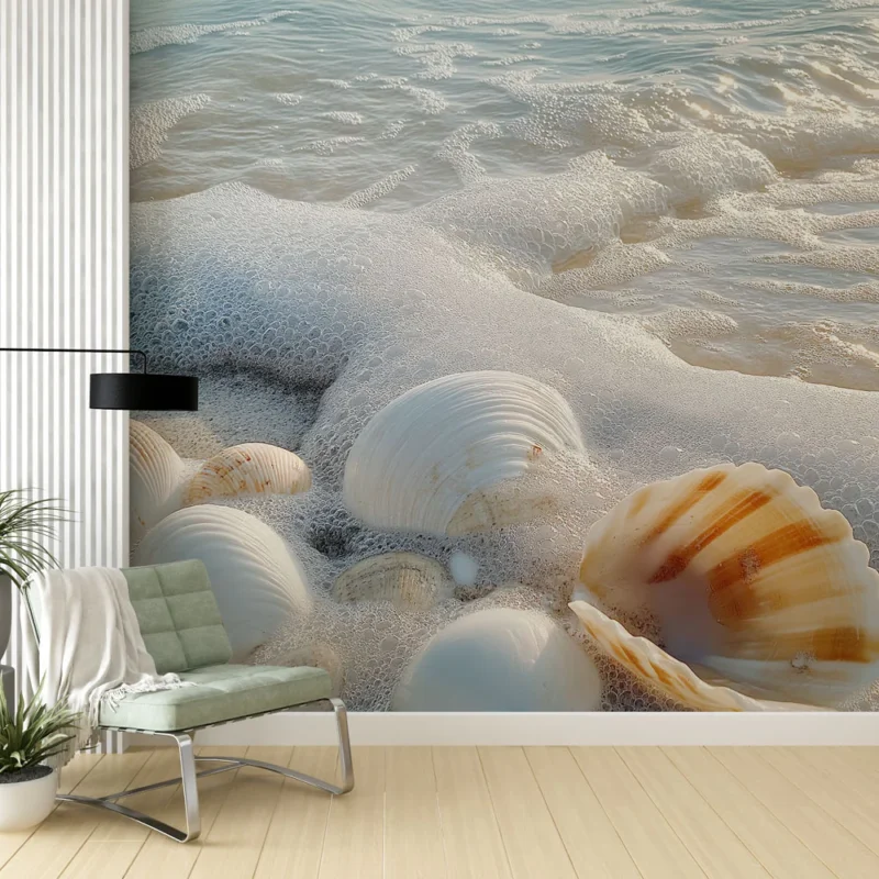 Must-Have Papier peint coquillage Motif de coquillages sur la plage avec vagues et écume