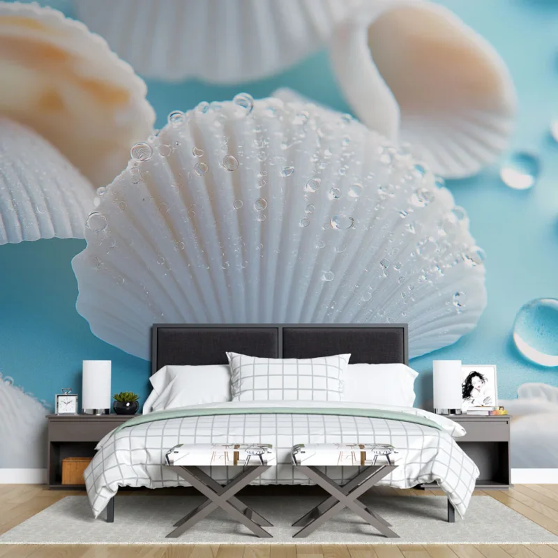 Jusqu'à Épuisement Des Stocks Papier peint coquillage Coquillages blancs élégants avec des gouttes d‘eau sur fond bleu