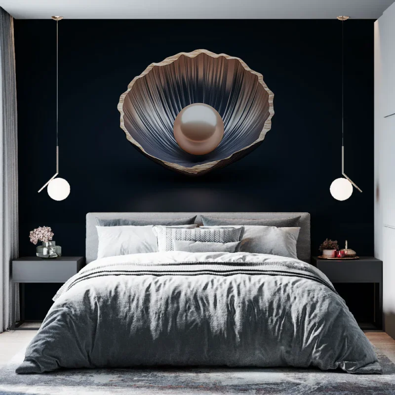 Papier peint coquillage avec perle Élégant coquillage argenté décoré d‘une perle nacrée Prix Promo