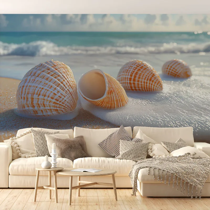 Papier peint coquillages Coquilles de mer sur une plage ensoleillée Offre Spéciale
