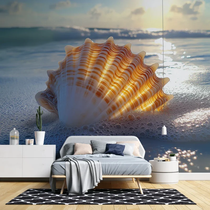 Offre Spéciale Papier peint coquillage Coquillage en spirale sur une plage ensoleillée