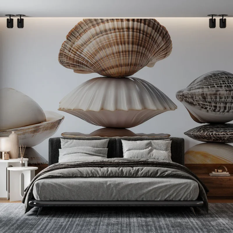 Papier peint coquillages décoratifs Ensemble de coquilles empilées aux motifs variés Pas Cher