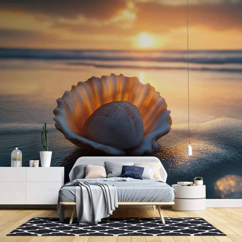 Papier peint coquillage Coquillage illuminé au coucher de soleil sur la plage Seulement Aujourd'hui