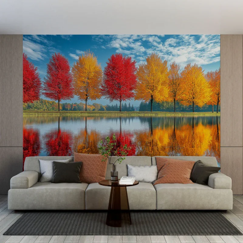 Papier peint arbres d‘automne Arbres colorés reflétant un lac paisible Acheter En Ligne