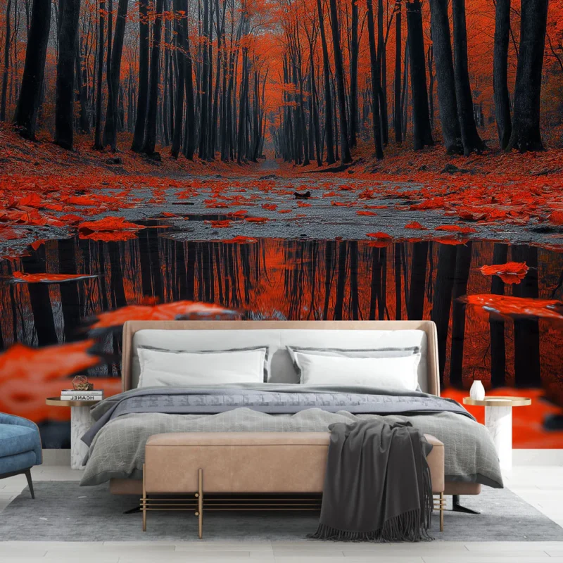 Papier peint forêt automnale Paysage de forêt aux feuilles rouges et miroir d‘eau Promotion Saisonnière