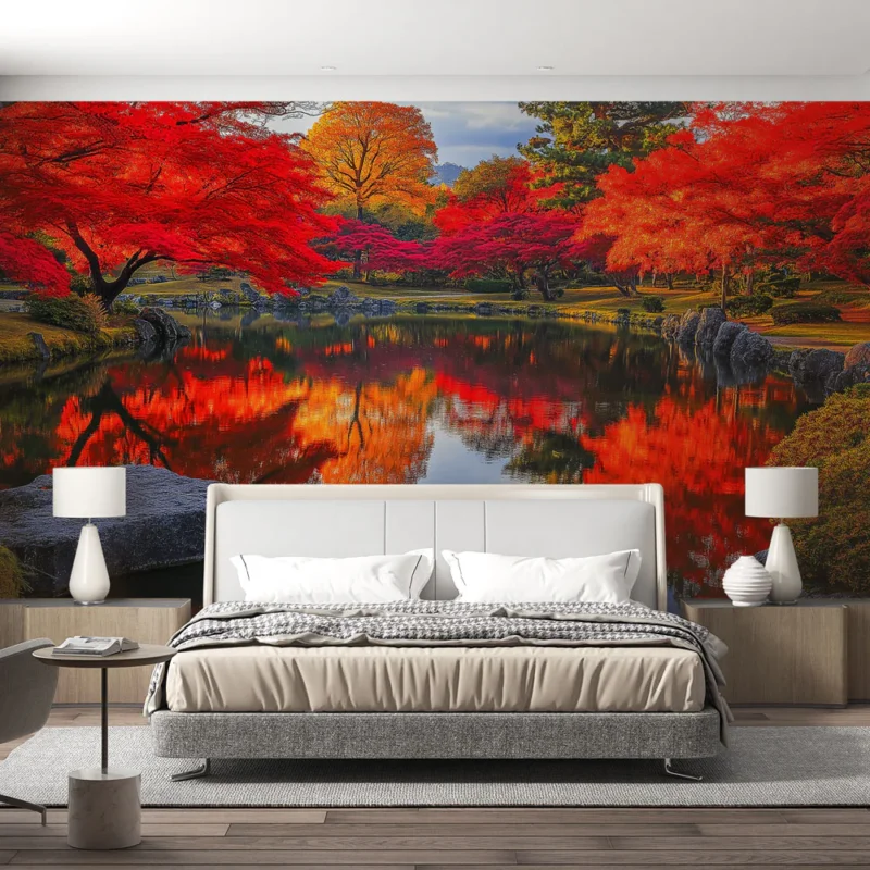 Meilleure Vente Papier peint automne Paysage de feuillage rouge et lac tranquille