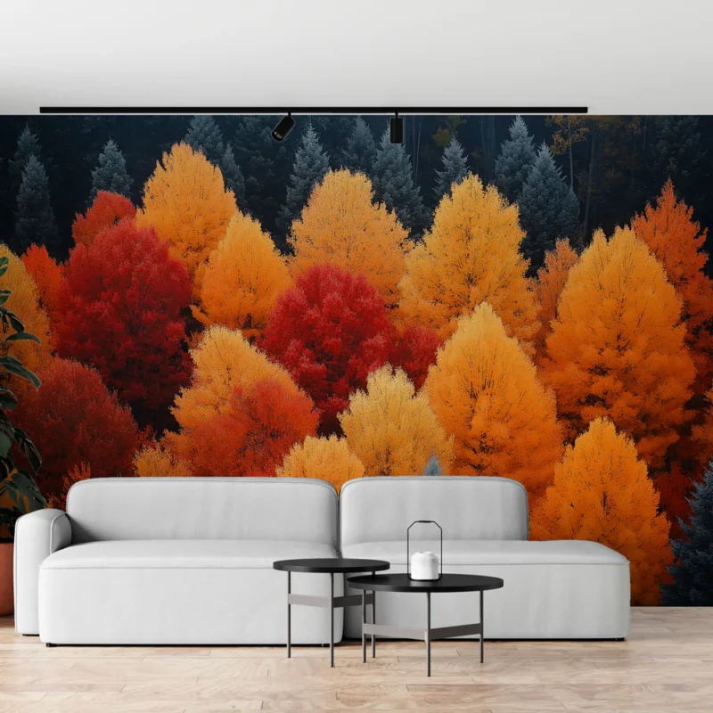 Papier peint automnal Feuillage coloré avec un mélange de teintes orangées et rouges Solde