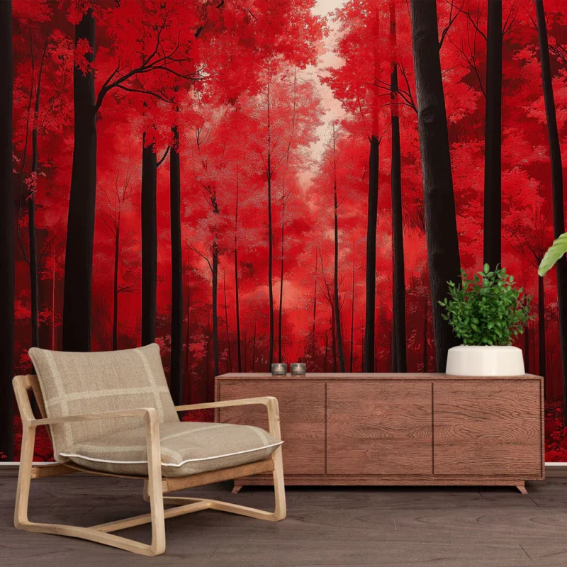 Offre Exclusive Papier peint forêt rouge Un paysage forestier éblouissant aux feuilles écarlates