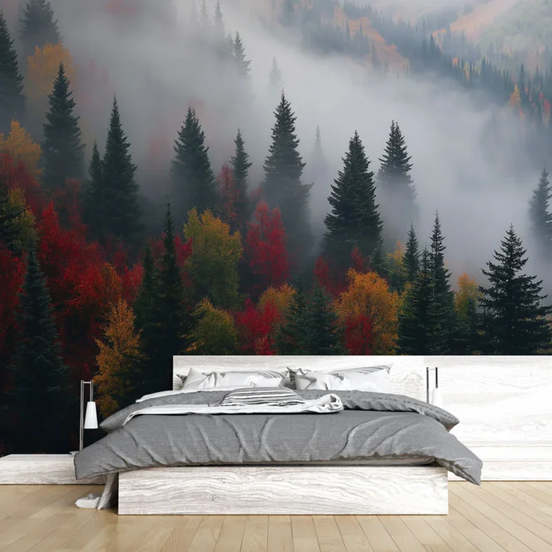 Papier peint forêt d‘automne Arbres colorés entourés de brume Acheter Direct