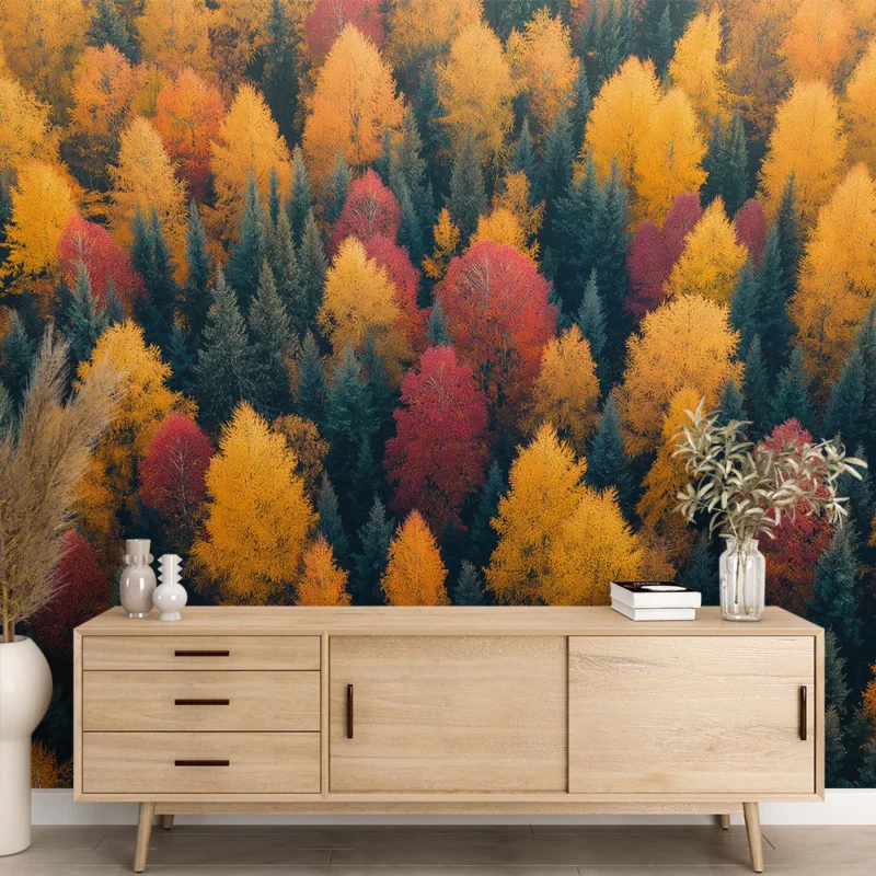 Papier peint forêt d‘automne Arbres aux teintes éclatantes de jaune, rouge et vert Nouveauté