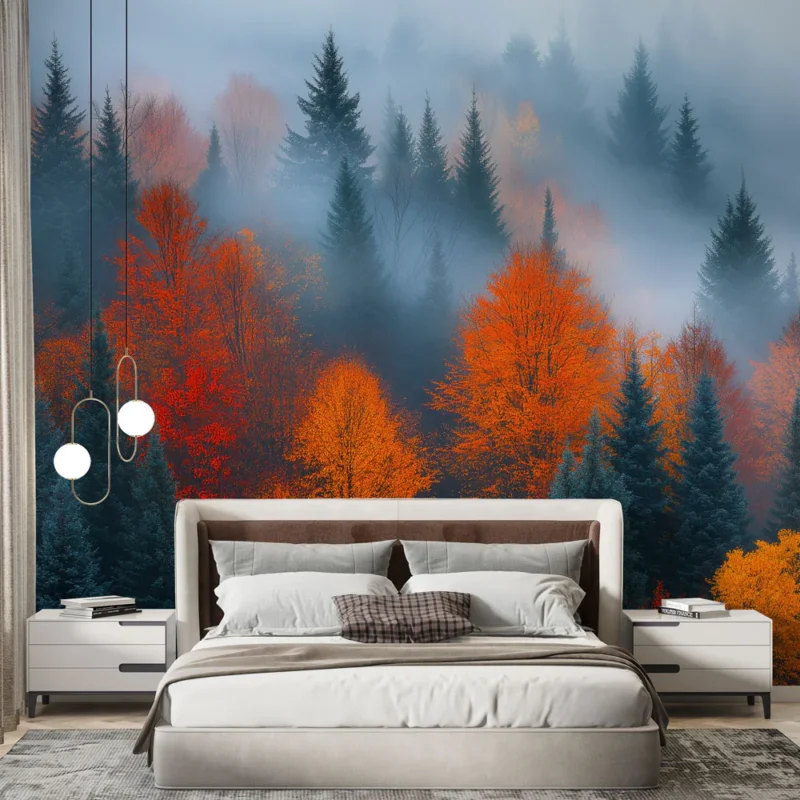 Papier peint forêt d‘automne Arbres aux couleurs vives dans un brouillard mystérieux Achat Immédiat