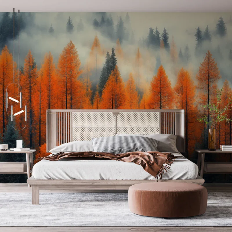 Nouvelle Collection Papier peint forêt automnale Une splendide vue sur des arbres aux feuillages flamboyants et brumeux