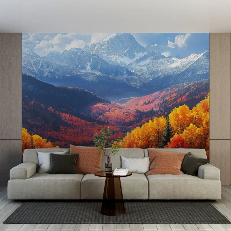 Papier peint automnal Paysage montagneux aux feuilles vibrantes d‘orange et de rouge Meilleur Prix