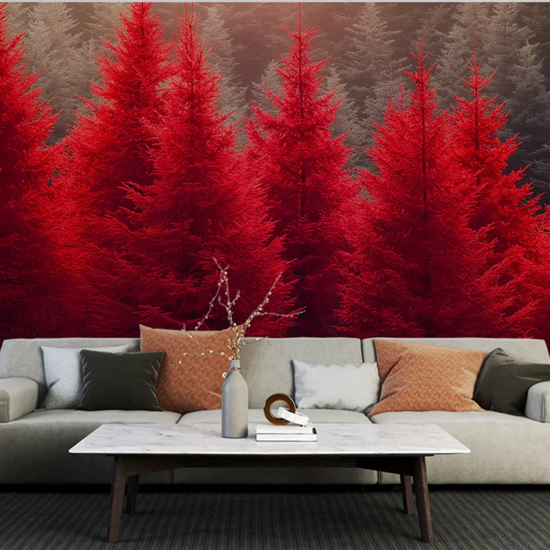 Papier peint forêt rouge Arbres rouges vibrants à l‘horizon brumeux Dernier Modèle