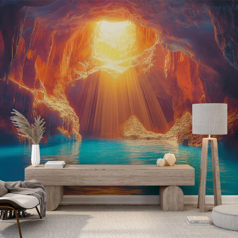 Papier peint grotte Lumière dorée filtrant à travers une formation rocheuse Satisfait Ou Remboursé