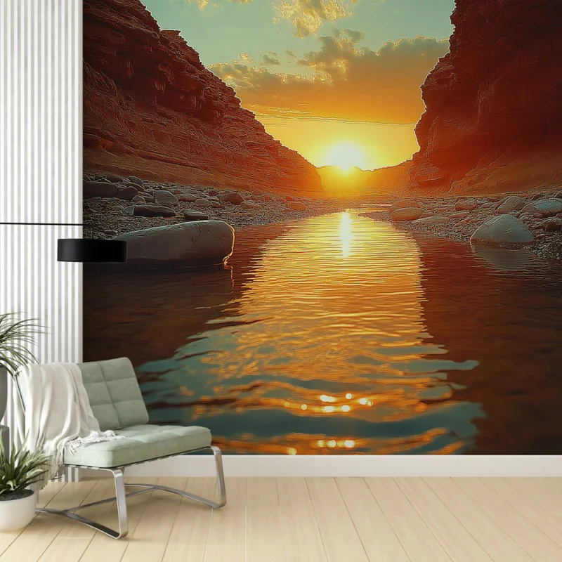Expédié Aujourd'hui Papier peint coucher de soleil Reflets dorés sur un cours d‘eau paisible