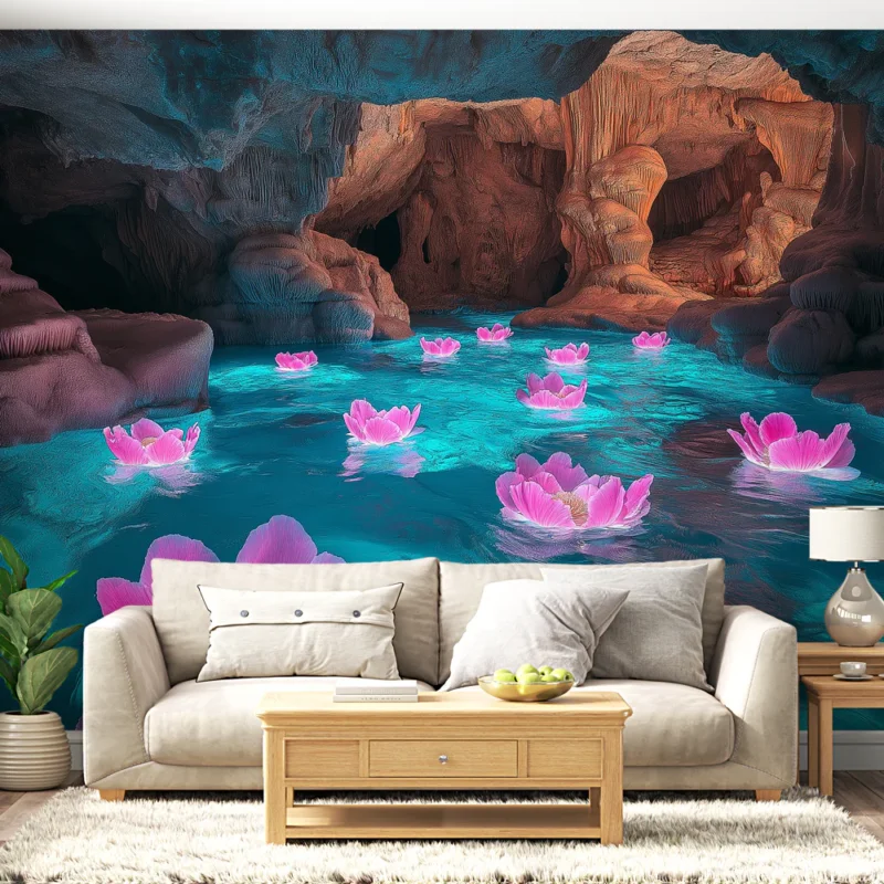 Commande En Gros Papier peint fleur de lotus Oasis magique avec fleurs de lotus dans une grotte