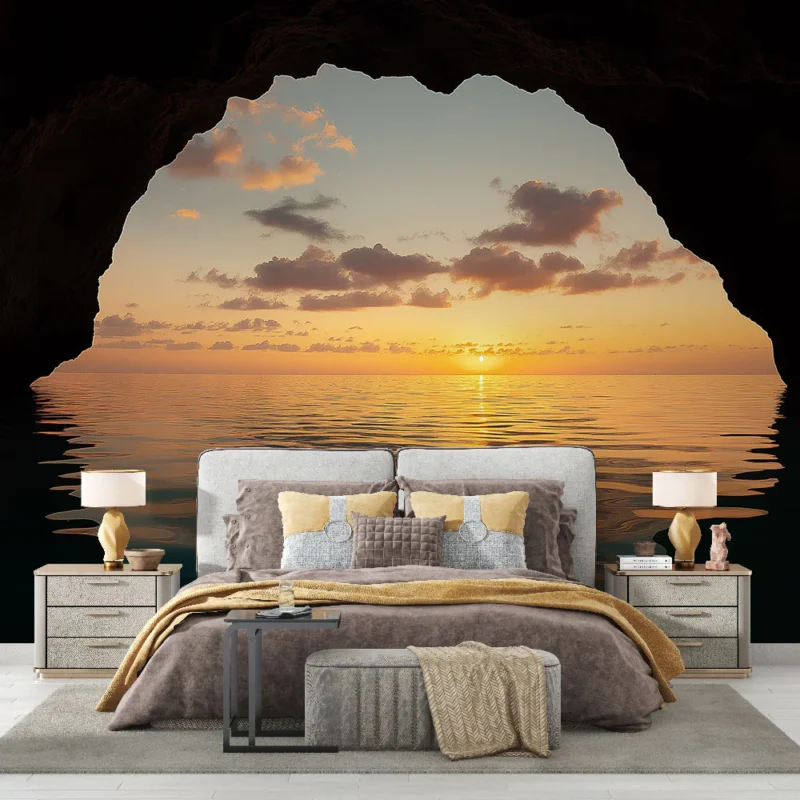 Papier peint coucher de soleil sur la mer Vue spectaculaire depuis une grotte Prix Promo