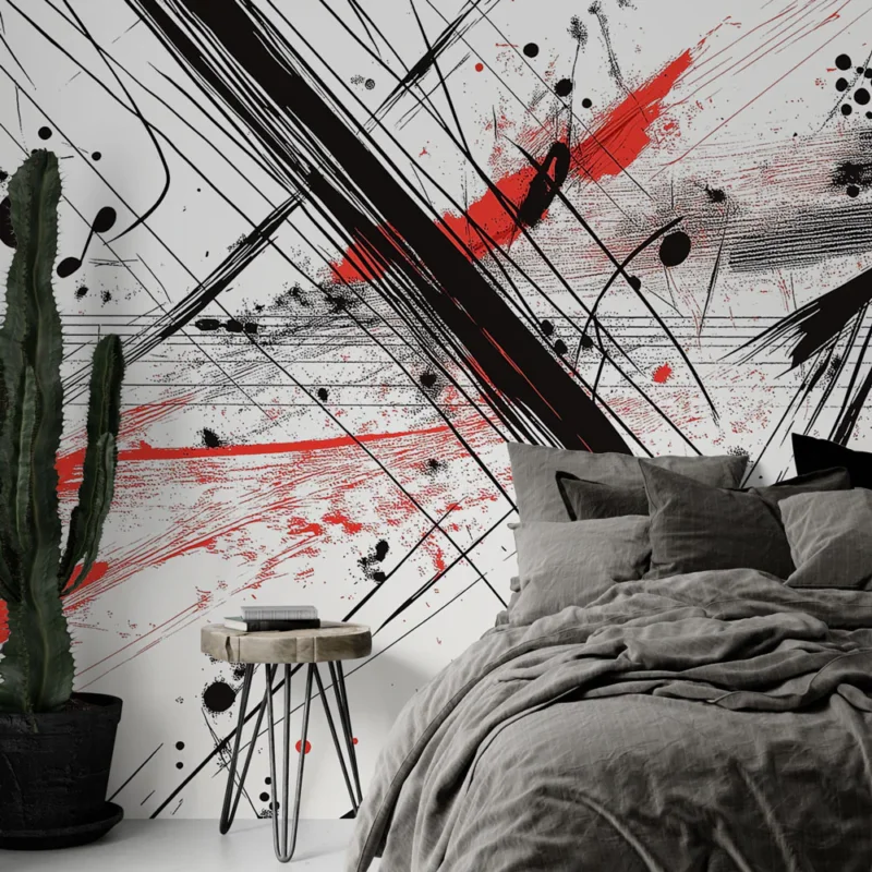 Achat Immédiat Papier peint musical Design abstrait avec notes et éclaboussures rouges