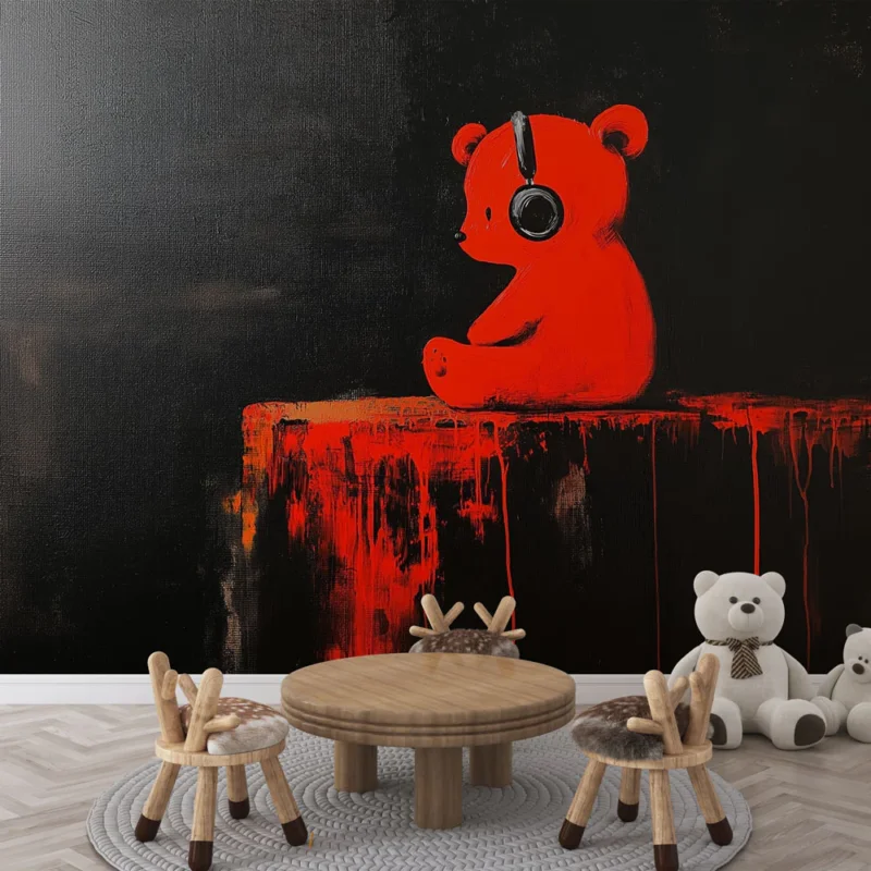 Papier peint casque Ours rouge avec casques audio sur fond noir Retour Gratuit