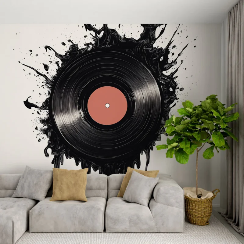 Bon Plan Papier peint vinyle Motif artistique de disque avec éclaboussures d‘encre noire