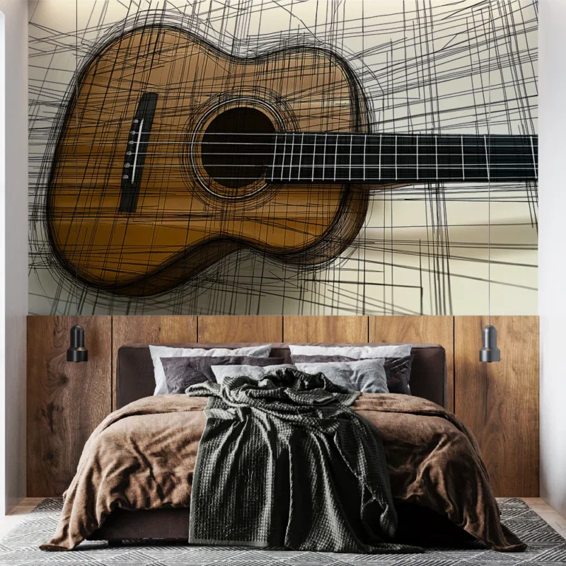 Papier peint guitare Design stylisé d‘une guitare en bois dans un style graphique Quantité Limitée
