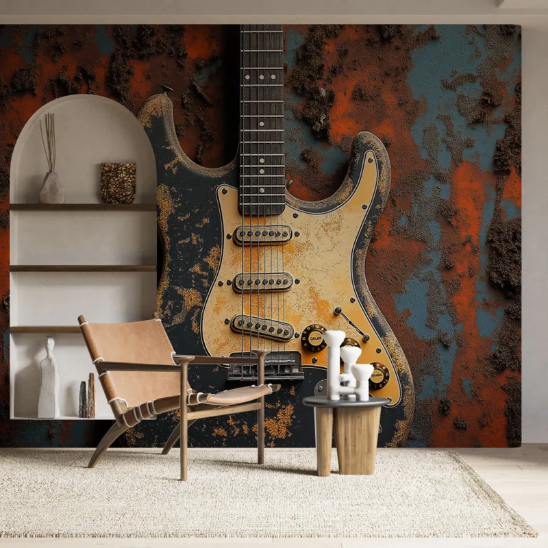 Certifié Papier peint guitare électrique vintage Guitare avec finition usée et esthétique rustique