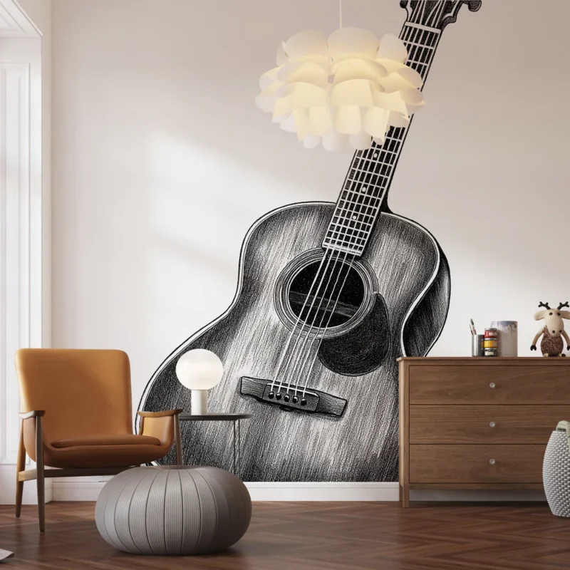 Papier peint guitare acoustique Illustration réaliste d‘une guitare en bois sombre Expédition Rapide