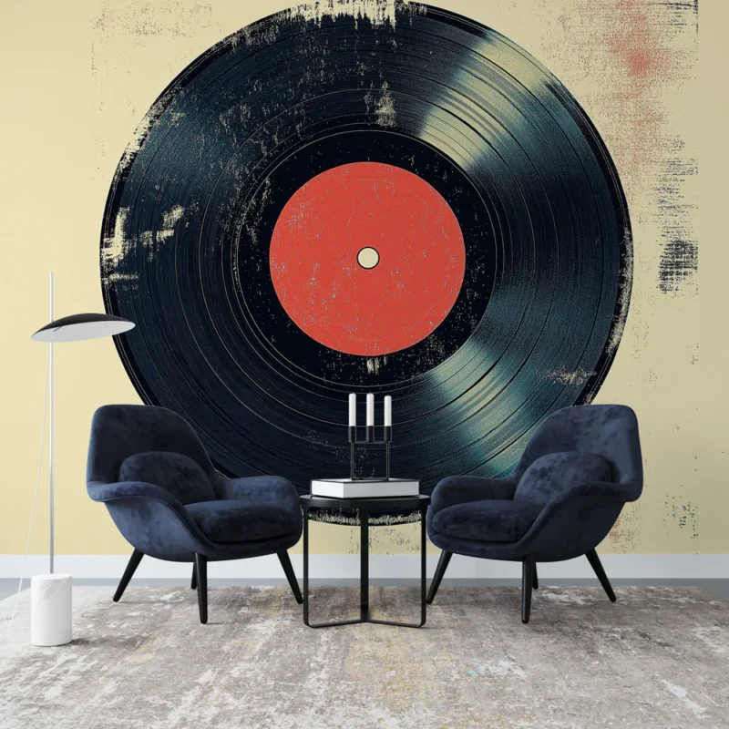 Dernier Modèle Papier peint vintage vinyle Disque noir avec un centre rouge sur fond crème