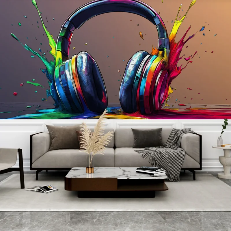 Papier peint casque audio Casque stylisé avec éclaboussures de peinture vibrantes Nouveauté