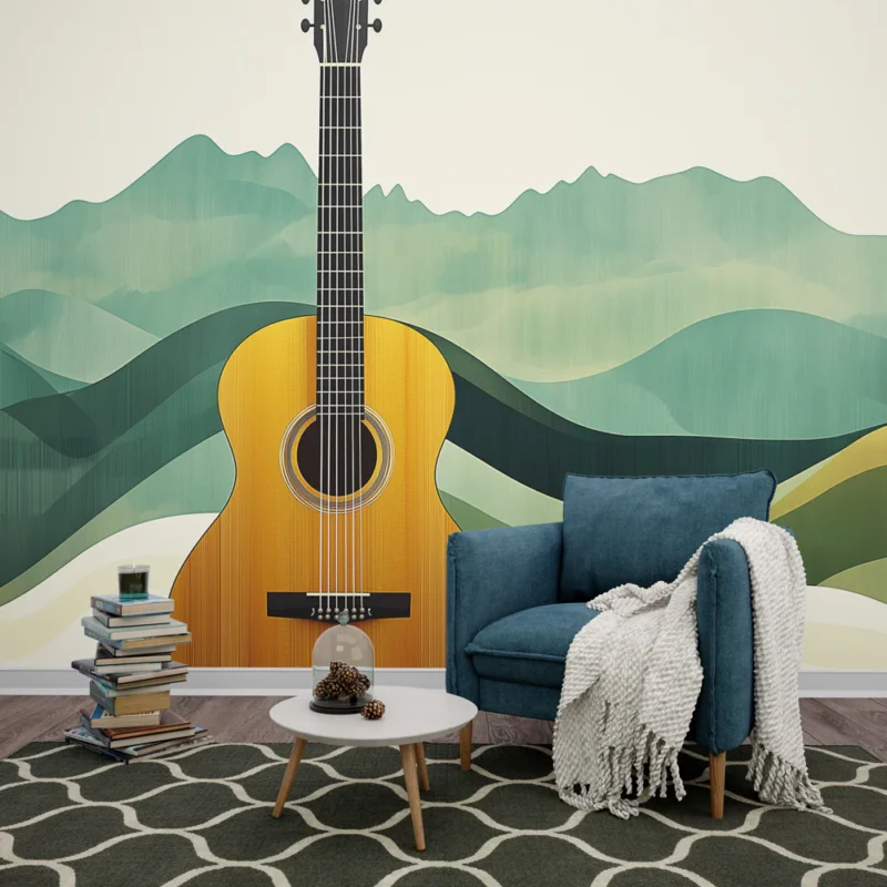 Papier peint guitare Guitare acoustique sur fond de montagnes stylisées Pas Cher