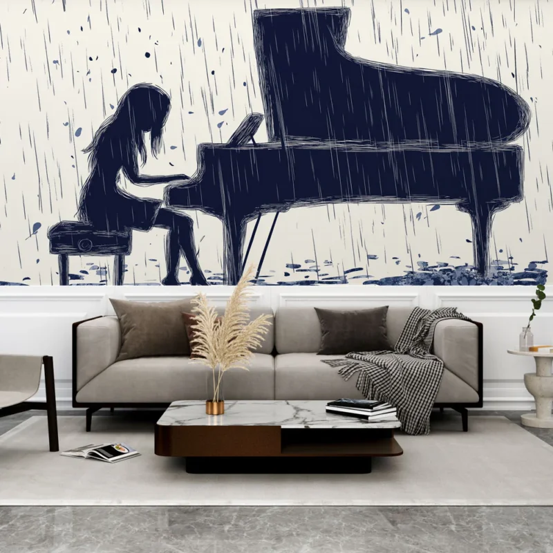 Bon Plan Papier peint piano sous la pluie Illustration poétique d‘une musicienne au piano
