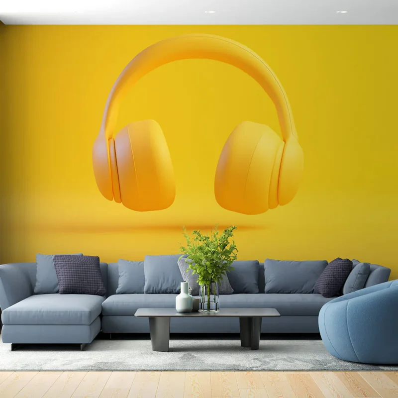 Papier peint casque audio jaune Design moderne et dynamique pour une expérience sonore immersive Promotion Saisonnière