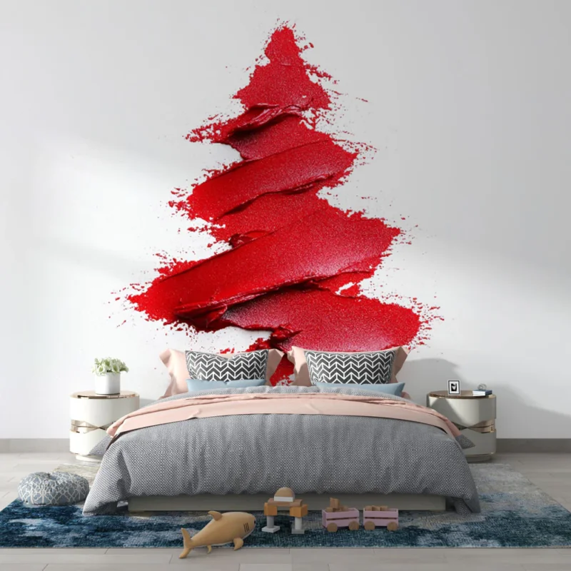 Papier peint arbre de Noël Motif stylisé en rouge à la texture lisse Promotion Saisonnière