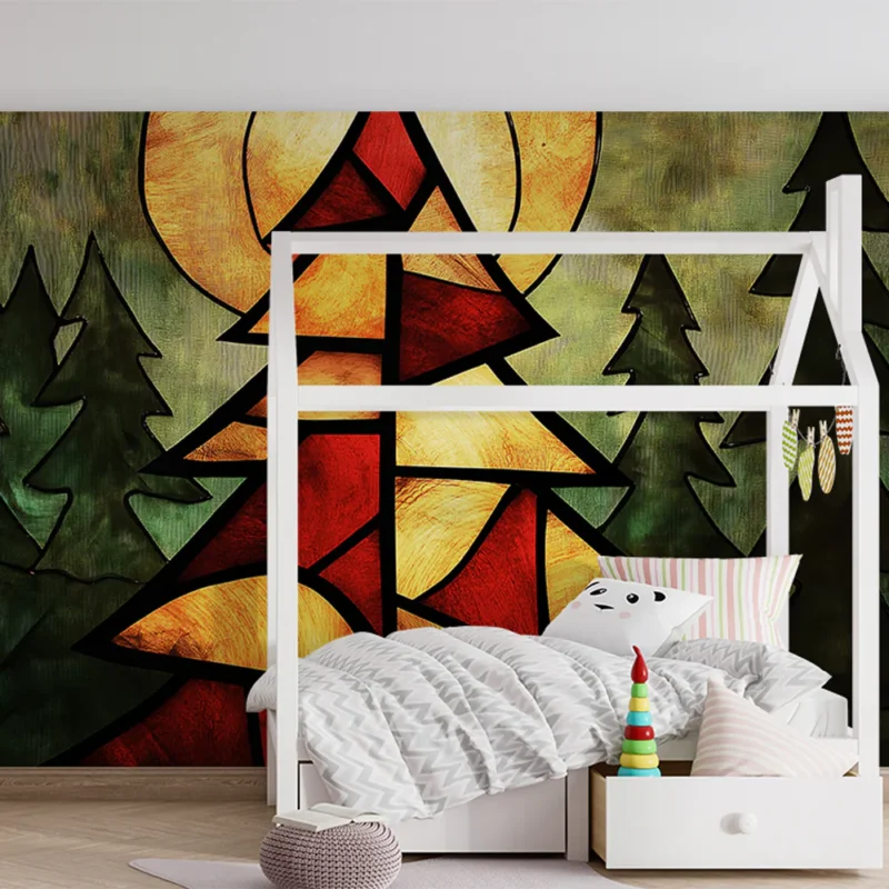 Jusqu'à Épuisement Des Stocks Papier peint sapin coloré Motif de sapins et de soleil en vitrail abstrait