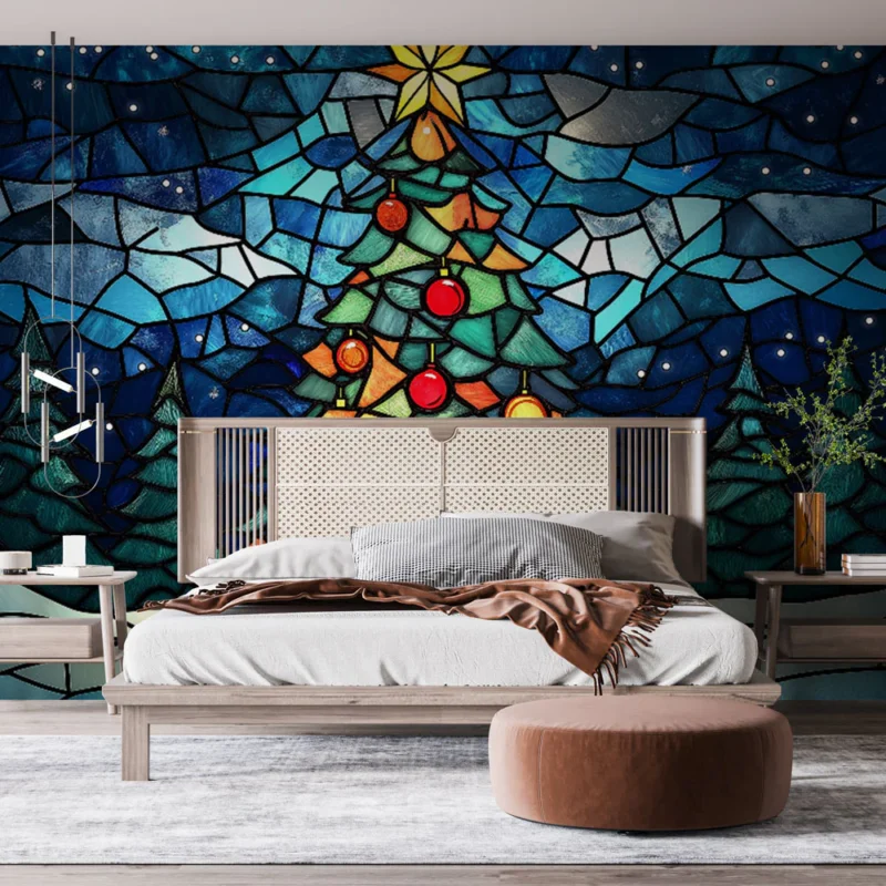 Offre Spéciale Papier peint Noël vitrail Sapin de Noël coloré dans un paysage hivernal