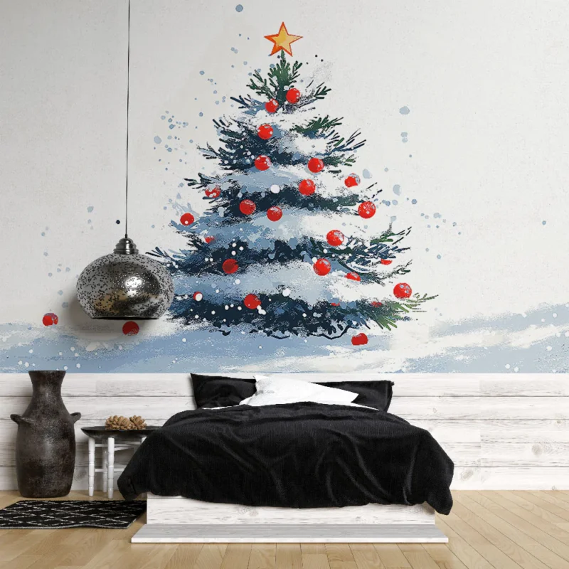 Dernier Modèle Papier peint sapin de Noël Un arbre décoré avec des boules rouges et une étoile dorée