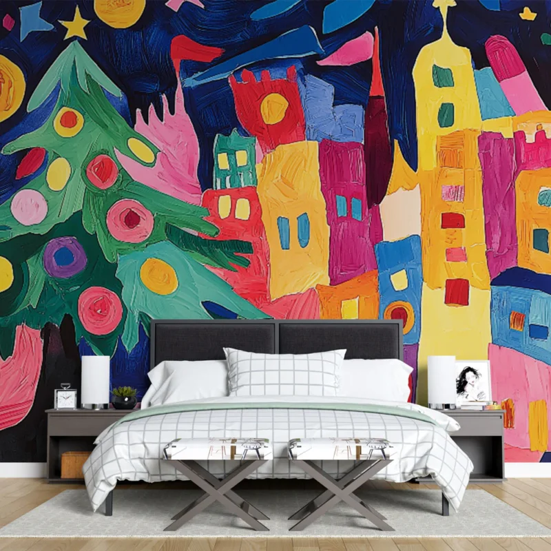 Nouvel Arrivage Papier peint Noël coloré Scène festive avec un sapin et des maisons vibrantes