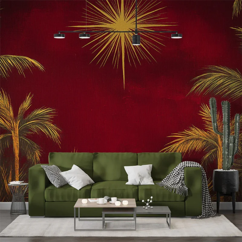 Nouveauté Papier peint palmiers dorés Motif tropical sur fond rouge éclatant