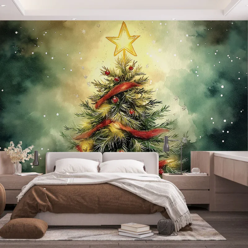Commander Maintenant Papier peint sapin de Noël Un sapin décoré avec des étoiles dorées et des guirlandes lumineuses