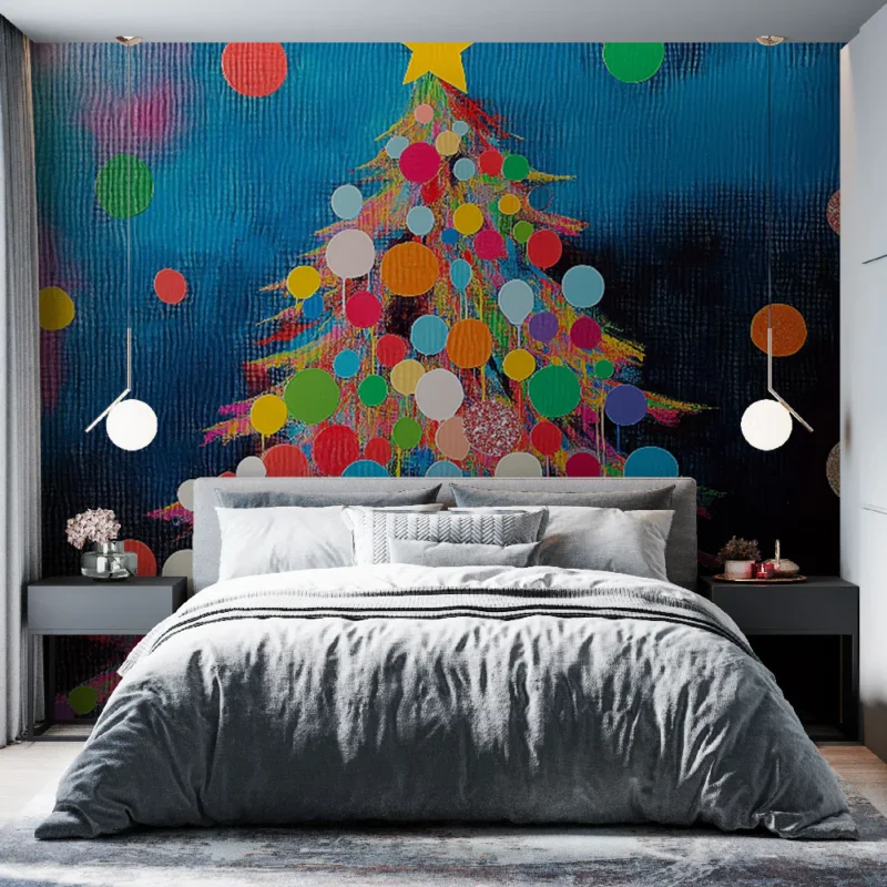 Acheter Direct Papier peint sapin de Noël Sapin coloré avec des bulles lumineuses et une étoile dorée