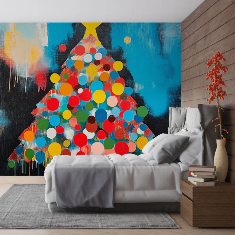 Commande En Gros Papier peint sapin de Noël Arbre festif coloré avec des bulles de peinture éclatantes