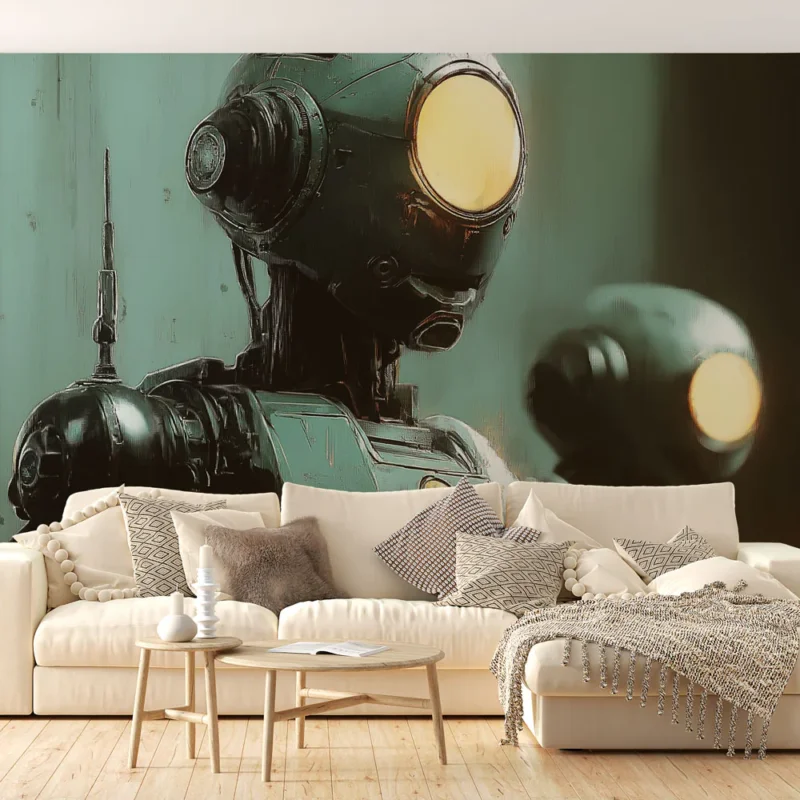 Achat Immédiat Papier peint robot vintage Robot avec détails rétro et lumières brillantes