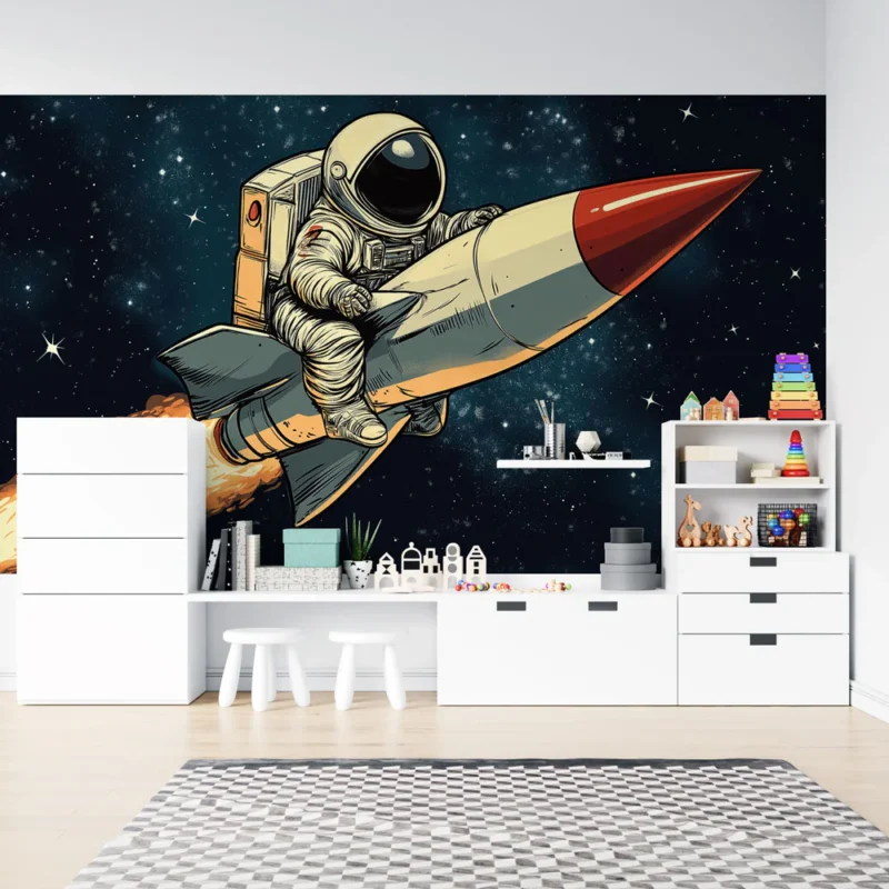Nouvelle Collection Papier peint astronaute Voyage spatial avec un astronaute sur une fusée colorée