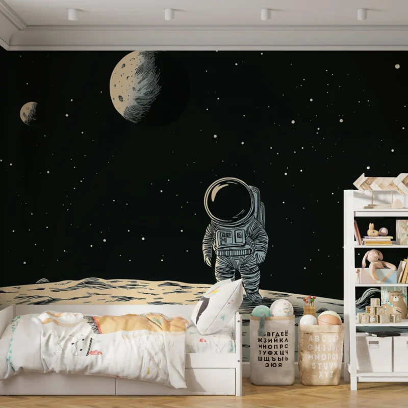 Dernier Modèle Papier peint astronaute Illustration d‘un astronaute sur la lune avec des planètes en arrière-plan