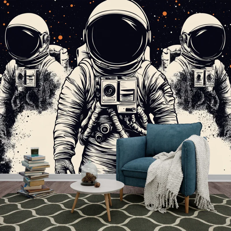 Papier peint astronaute Astronautes stylisés dans un univers cosmique Haute Qualité