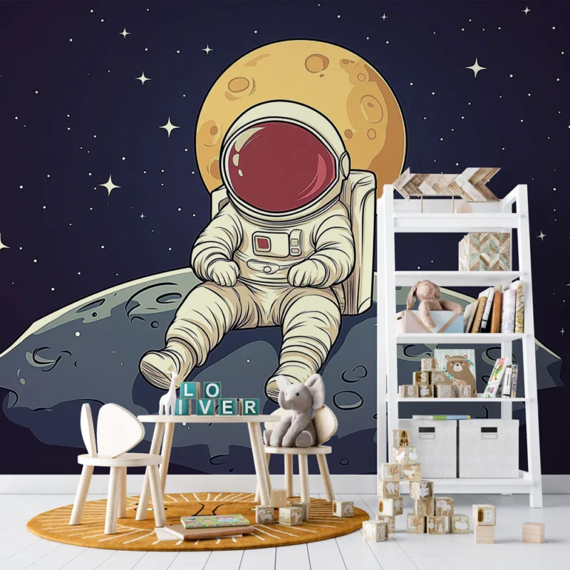 Papier peint astronaute Illustrations ludiques d‘un astronaute sur la lune Haute Qualité